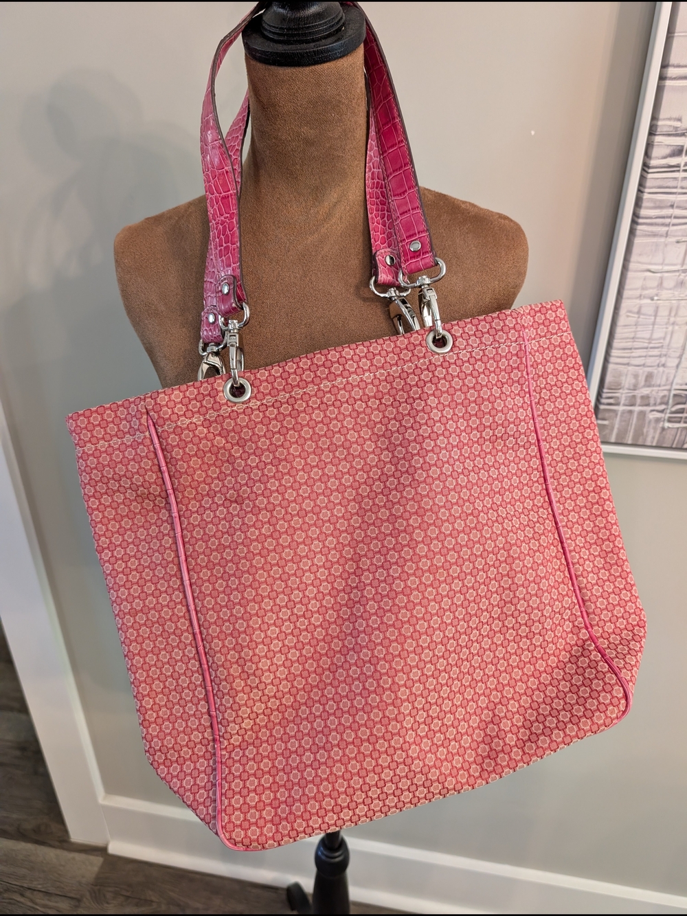 Pink Patterned Tote Bag with Croc-Texture Handles